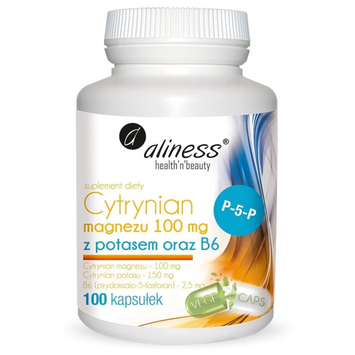 Cytrynian Magnezu 100 mg z potasem i B6,100 kapsułek Aliness suplement diety