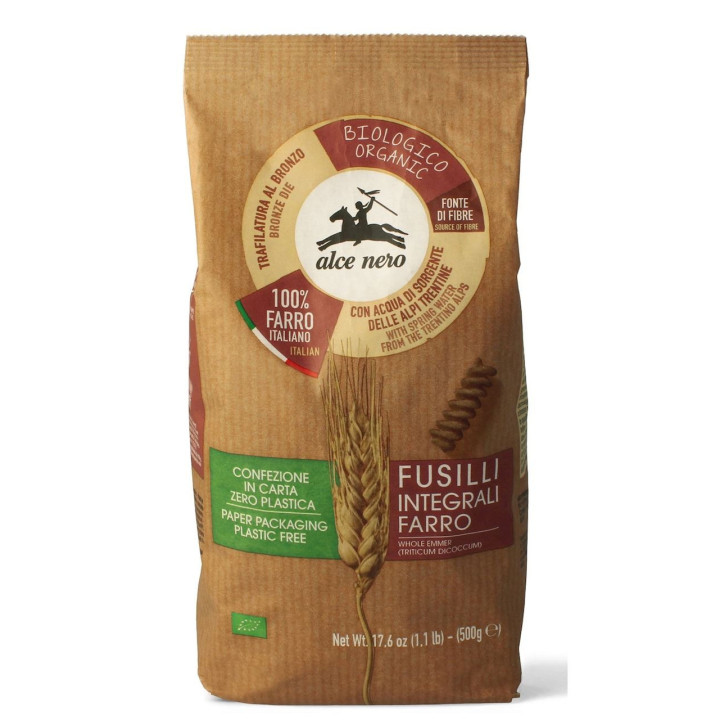 BIO Makaron Pełnoziarnisty z płaskurki fusilli świderki Alce Nero 500 g