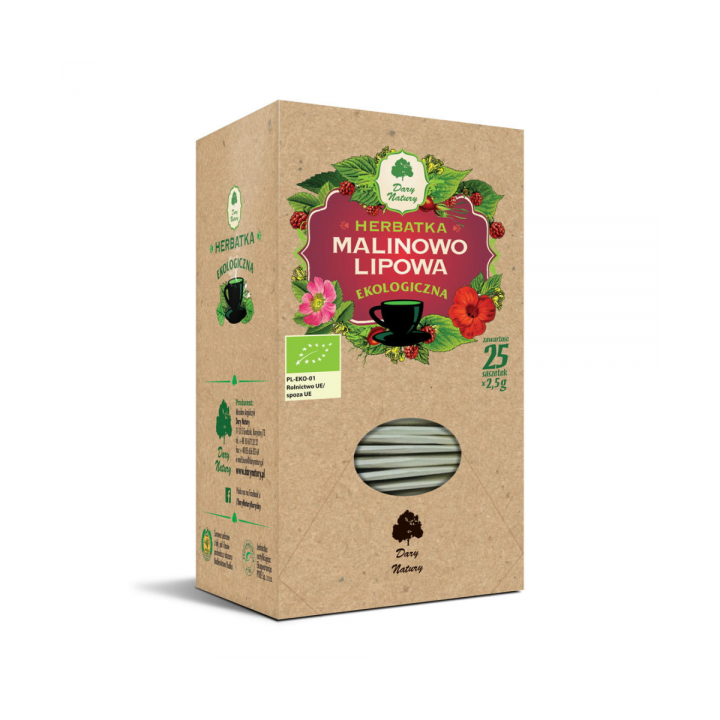 BIO herbatka malinowo-lipowa 25 saszetek Dary Natury 62,5 g