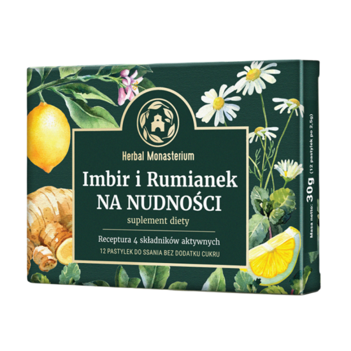Pastylki bez cukru na nudności i wymioty Herbal Monasterium-suplement diety 12 pastylek