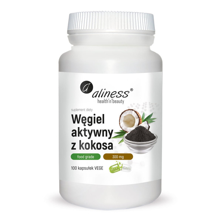 Węgiel aktywny z kokosa 300 mg x 100 vege caps Aliness suplement diety