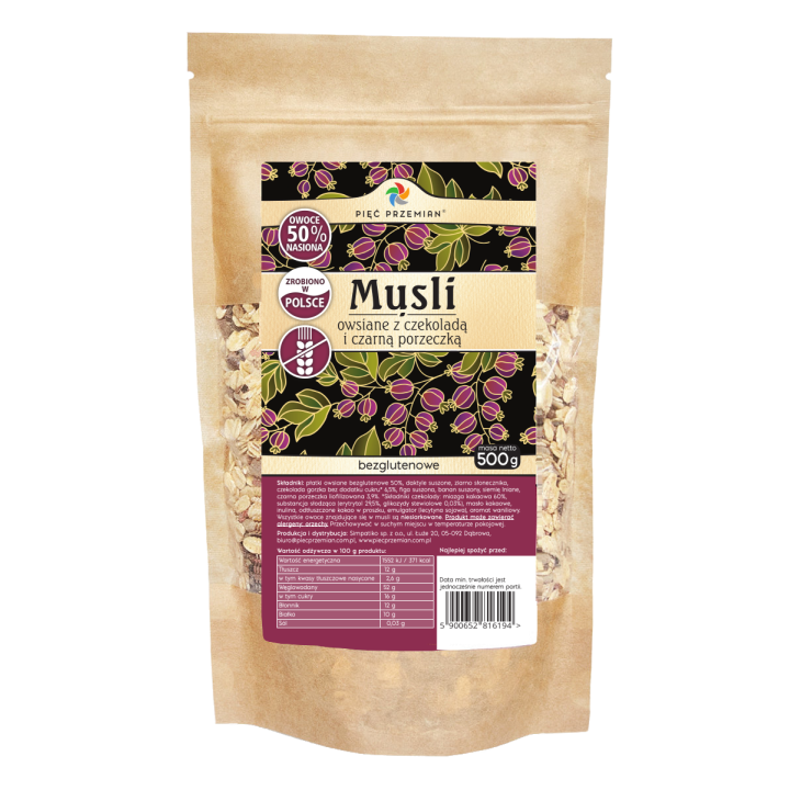 Musli owsiane z czekoladą i czarną porzeczką bezglutenowe 500 g Pięć Przemian