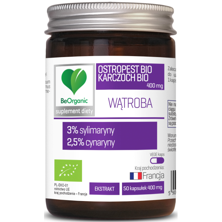 Ostropest BIO 3% + Karczoch BIO 2,5%, 400 mg x 50 kapsułek Wątroba BeOrganic suplement diety
