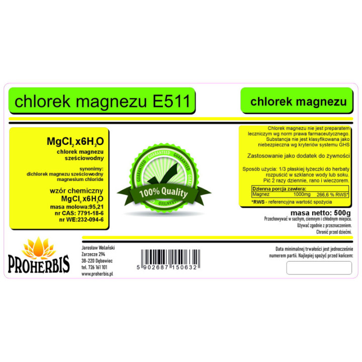 Chlorek magnezu sześciowodny Proherbis 500 g suplement diety