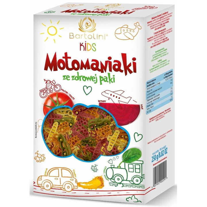 Makaron semolinowy z suszonymi warzywami dla dzieci MOTOMANIAKI 250 g - BARTOLINI