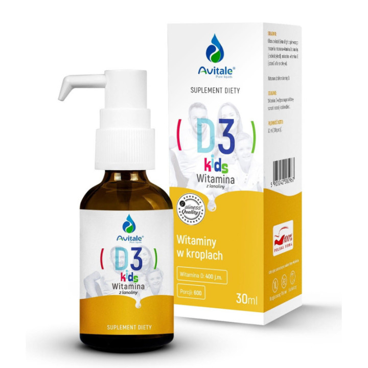Witamina D3 dla dzieci D3 kids w kroplach 400 jednostek 600 porcji Avitale 30 ml - suplement diety