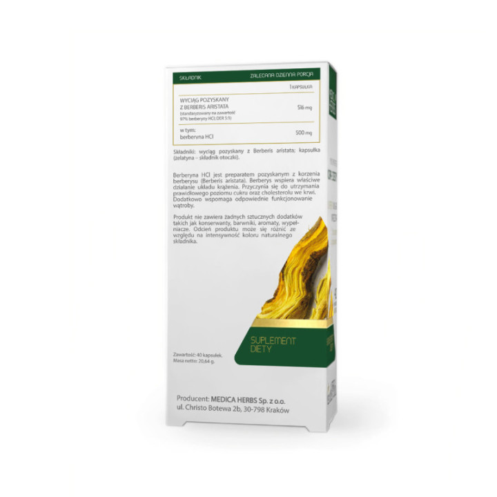 Berberyna HCL 500mg, 40 kapsułek suplement diety MEDICA HERBS