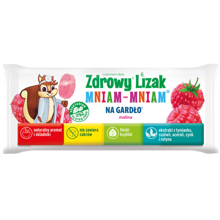 Zdrowy lizak dla dzieci Mniam-Mniam na gardło malina suplement diety 6 g