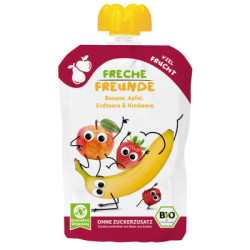Mus banan - jabłko - truskawka - malina bez dodatku cukrów bezglutenowy od 6 miesiąca BIO 100 g - Freche Freunde