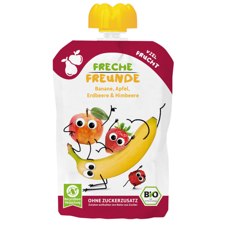 Mus banan - jabłko - truskawka - malina bez dodatku cukrów bezglutenowy od 6 miesiąca BIO 100 g - Freche Freunde