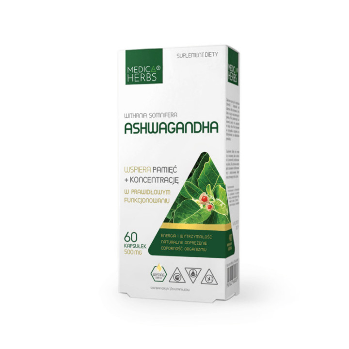 Ashwagandha 500 mg w kapsułkach (60 kapsułek) Medica Herbs na pamięć i koncentrację suplement diety