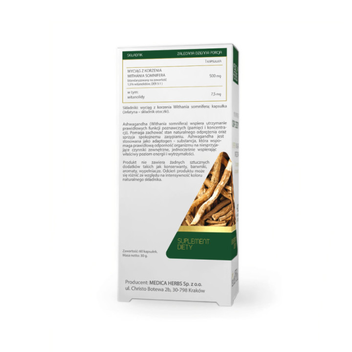 Ashwagandha 500 mg w kapsułkach (60 kapsułek) Medica Herbs na pamięć i koncentrację suplement diety