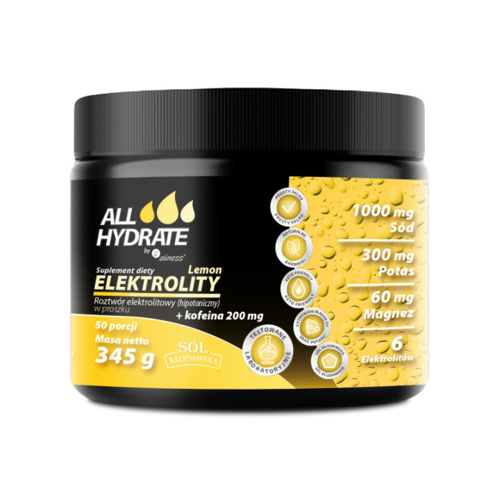 ALLHydrate Elektrolity Lemon + Kofeina 200 mg, 345 g 50 porcji suplement diety - Aliness