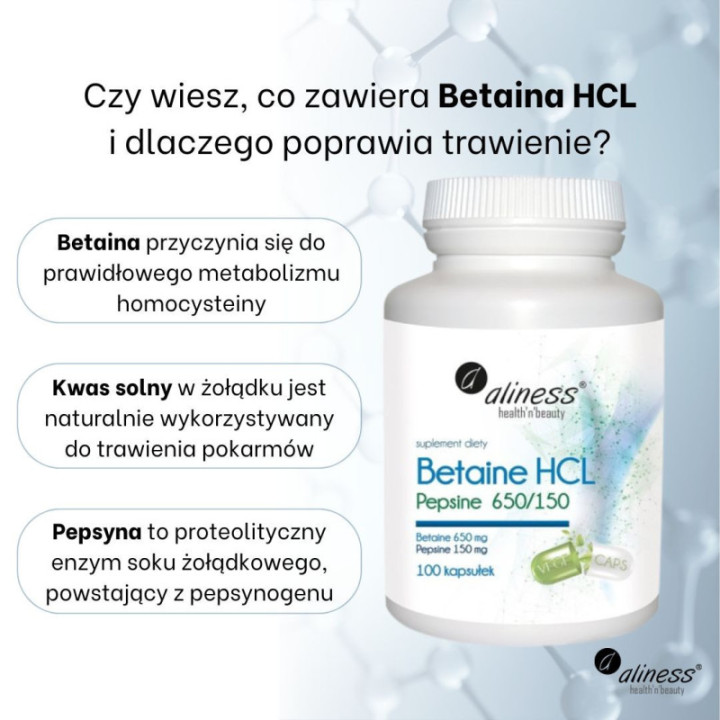 Betaina HCL + Pepsyna 650/150 mg 100 kapsułek suplement diety Aliness