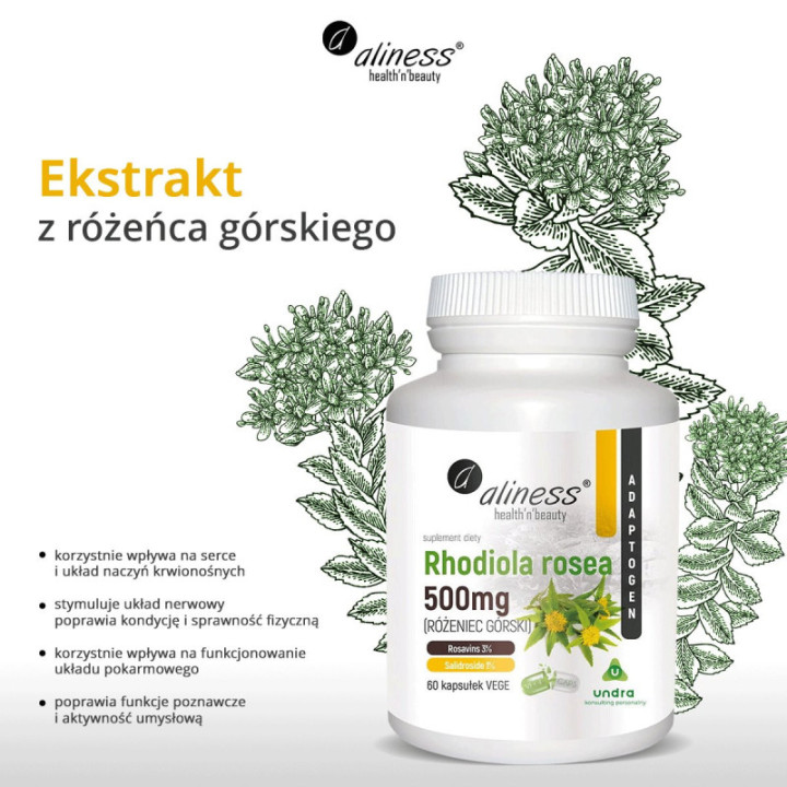 Różeniec górski (rhodiola rosea) Aliness 500 mg x 60 wege kapsułki suplement diety