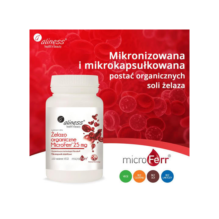 Żelazo organiczne MicroFerr® 25 mg, 100 tabletek VEGE Aliness suplement diety
