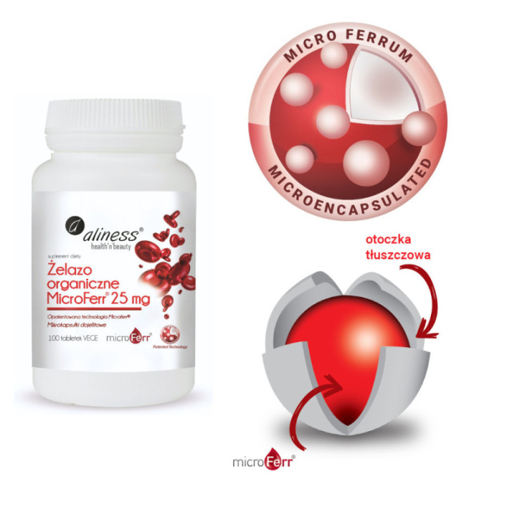 Żelazo organiczne MicroFerr® 25 mg, 100 tabletek VEGE Aliness suplement diety