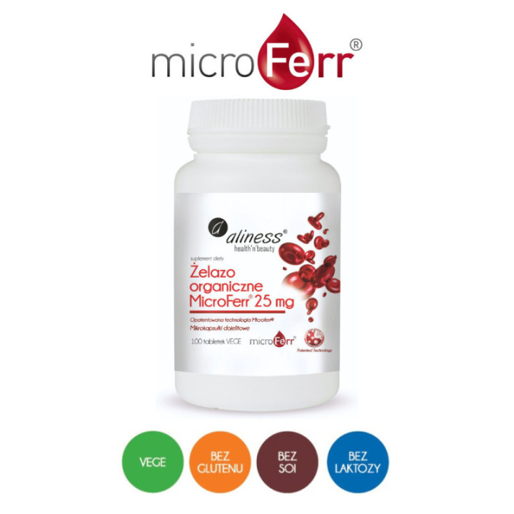 Żelazo organiczne MicroFerr® 25 mg, 100 tabletek VEGE Aliness suplement diety