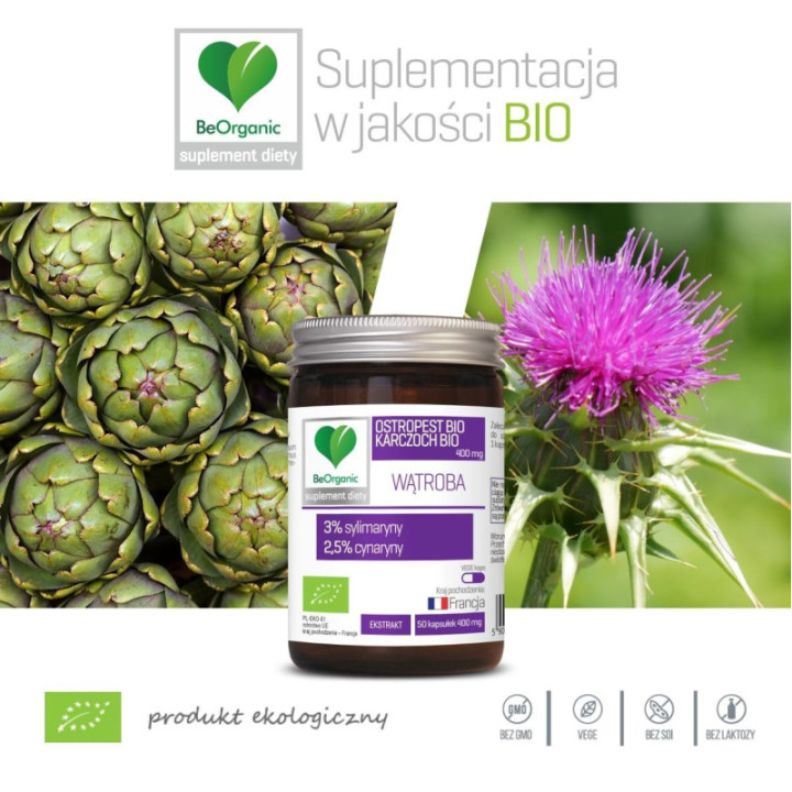 Ostropest BIO 3% + Karczoch BIO 2,5%, 400 mg x 50 kapsułek Wątroba BeOrganic suplement diety