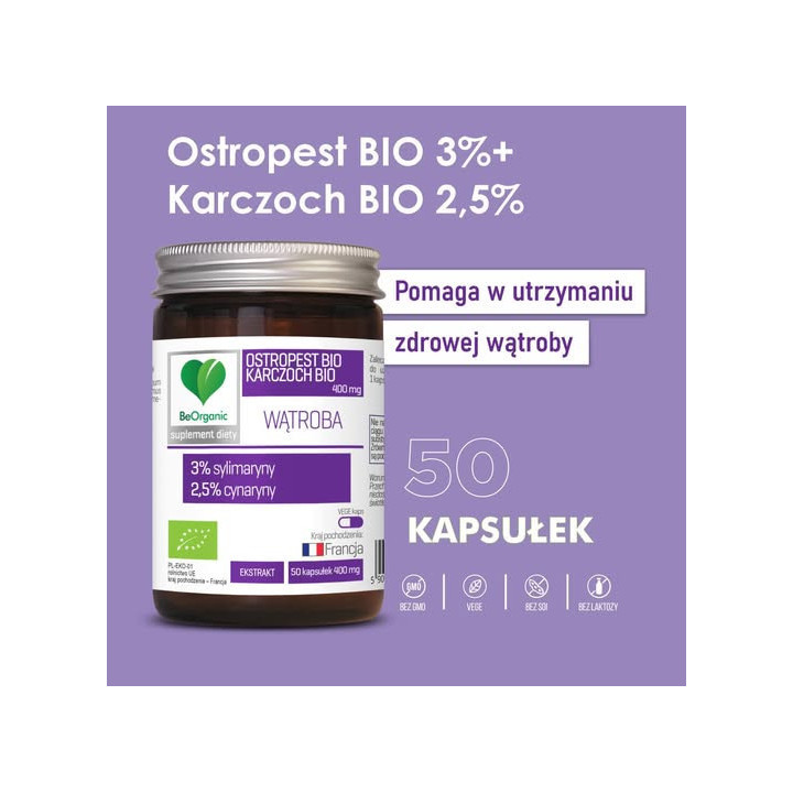 Ostropest BIO 3% + Karczoch BIO 2,5%, 400 mg x 50 kapsułek Wątroba BeOrganic suplement diety