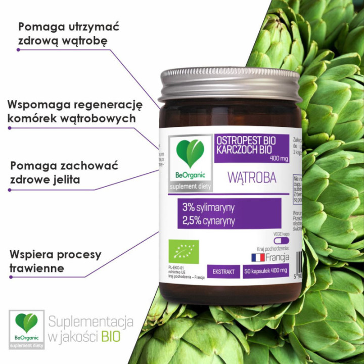 Ostropest BIO 3% + Karczoch BIO 2,5%, 400 mg x 50 kapsułek Wątroba BeOrganic suplement diety