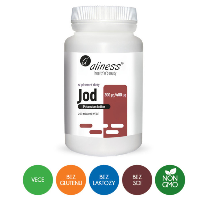 Jod (jodek potasu) 200 µg/400 µg x 200 wegańskich kapsułek Aliness suplement diety