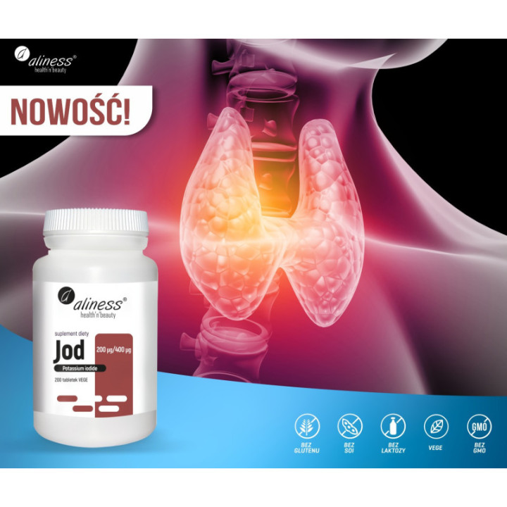Jod (jodek potasu) 200 µg/400 µg x 200 wegańskich kapsułek Aliness suplement diety