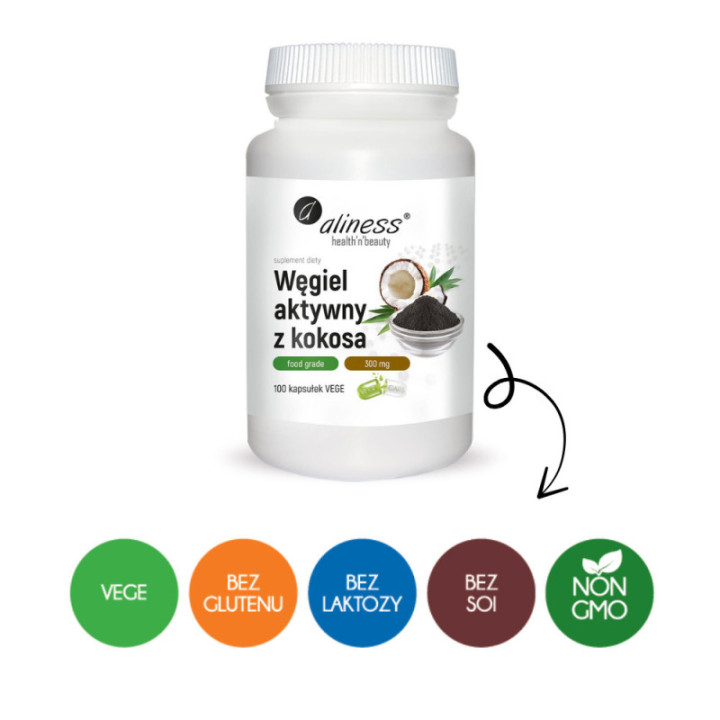 Węgiel aktywny z kokosa 300 mg x 100 vege caps Aliness suplement diety