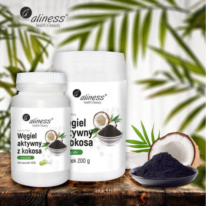 Węgiel aktywny z kokosa 300 mg x 100 vege caps Aliness suplement diety