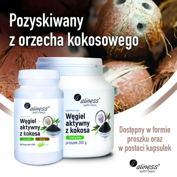 Węgiel aktywny z kokosa 300 mg x 100 vege caps Aliness suplement diety