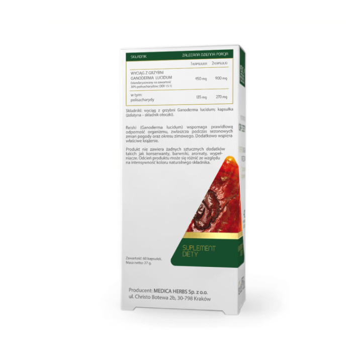 Reishi 30% polisacharydów, 60 kapsułek suplement diety - MEDICA HERBS