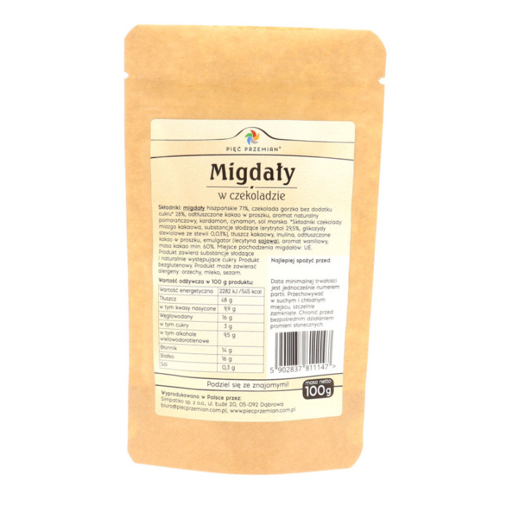 Migdały w czekoladzie 100 g bez dodatku cukru - Pięć Przemian