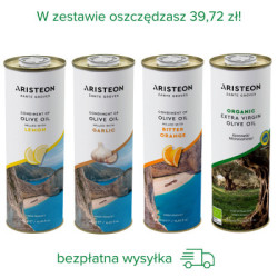 Zestaw 4 oliw ARISTEON 500 ml cytryna, BIO, pomarańcza, czosnek BEZPŁATNA DOSTAWA