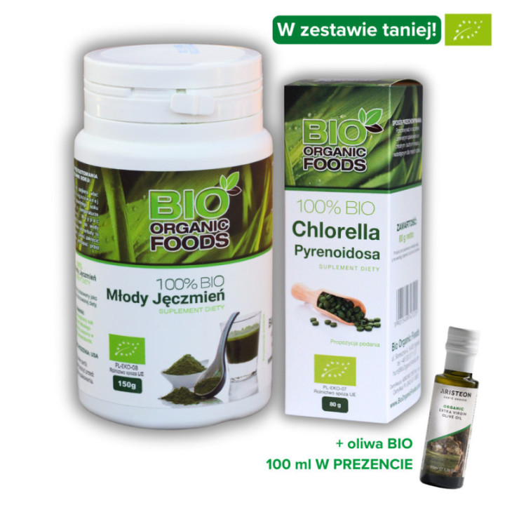 BIO Chlorella + Młody Jęczmień – Ekologiczny Zestaw z Oliwą i Shakerem