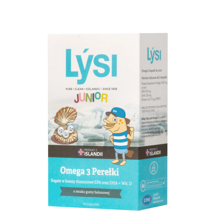 Junior Omega 3 perełki suplement diety o smaku gumy balonowej 60 kapsułek - LYSI