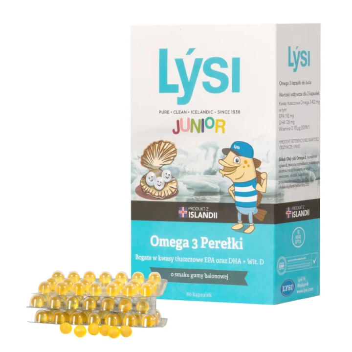 Junior Omega 3 perełki suplement diety o smaku gumy balonowej 60 kapsułek - LYSI