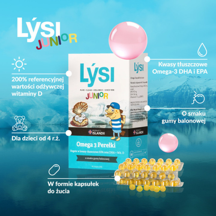 Junior Omega 3 perełki suplement diety o smaku gumy balonowej 60 kapsułek - LYSI