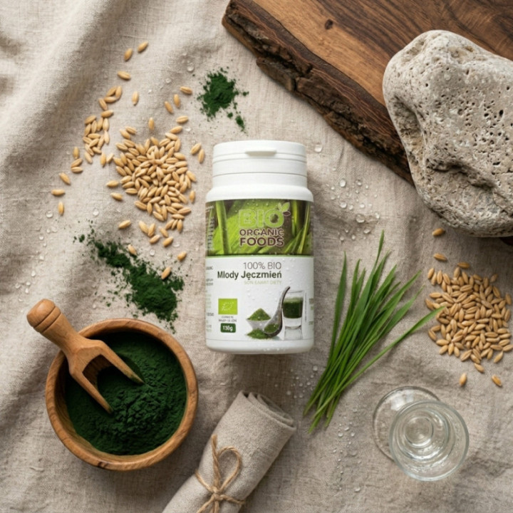 BIO Chlorella + Młody Jęczmień – Ekologiczny Zestaw z Oliwą i Shakerem
