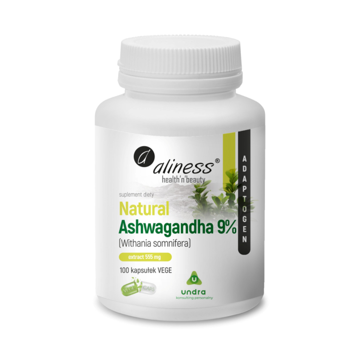 Naturalna Ashwagandha 555 mg 9% x 100 Vege caps Aliness suplement diety