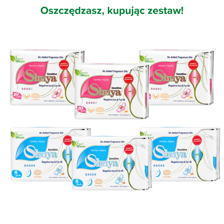 Shuya Health Sensitive Zestaw Pełny Cykl - 3x Podpaski Dzienne + 3x Podpaski Nocne + BEZPŁATNA DOSTAWA