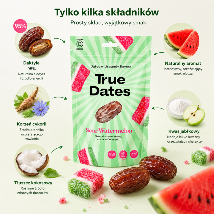 True Dates Sour Watermelon 100g | Zdrowe daktyle arbuzowe