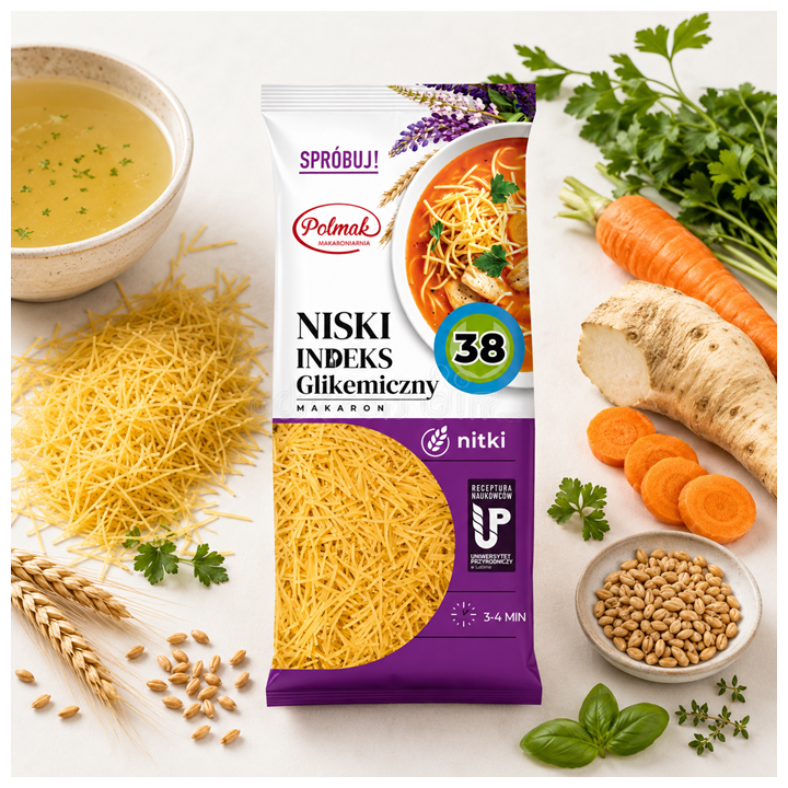 Nitki Niski Indeks Glikemiczny 250 g POLMAK – Makaron IG 38