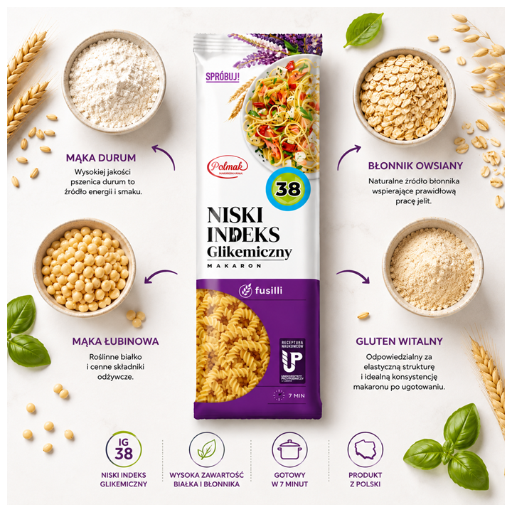 Fusilli Niski Indeks Glikemiczny 250 g POLMAK – Makaron IG 38