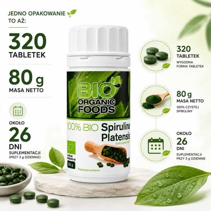 BIO Spirulina Platensis 4×80 g (1280 tabletek) – Zestaw BIO