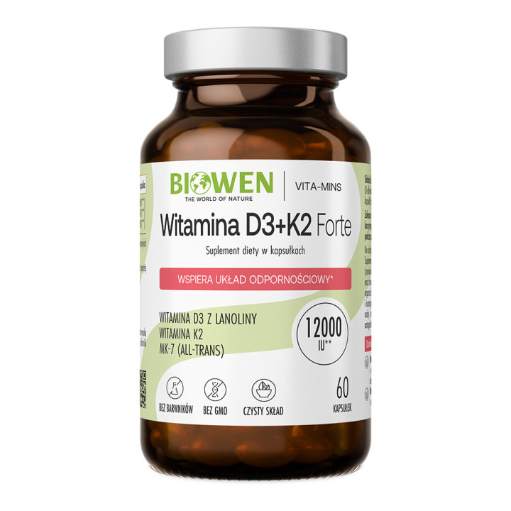 Witamina D3 + K2 Forte12000 IU (60 kapsułek) suplement diety - Biowen