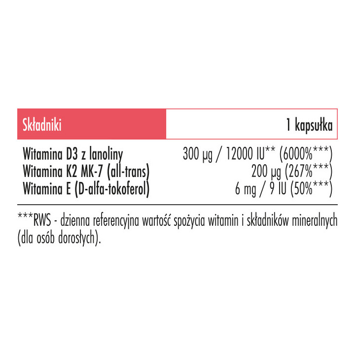 Witamina D3 + K2 Forte12000 IU (60 kapsułek) suplement diety - Biowen