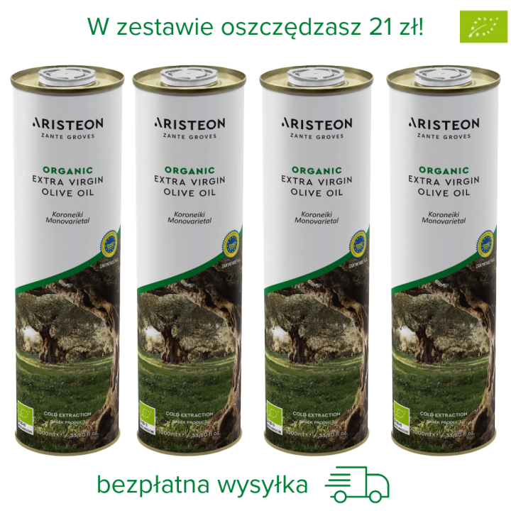 Ekologiczna oliwa z oliwek Aristeon extra virgin zestaw 4 oliw po 1 litr BEZPŁATNA DOSTAWA