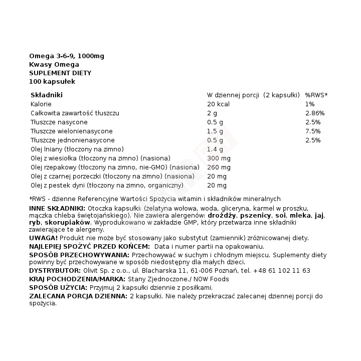 Omega 3-6-9, 1000 mg – 100 kapsułek Now Foods suplement diety